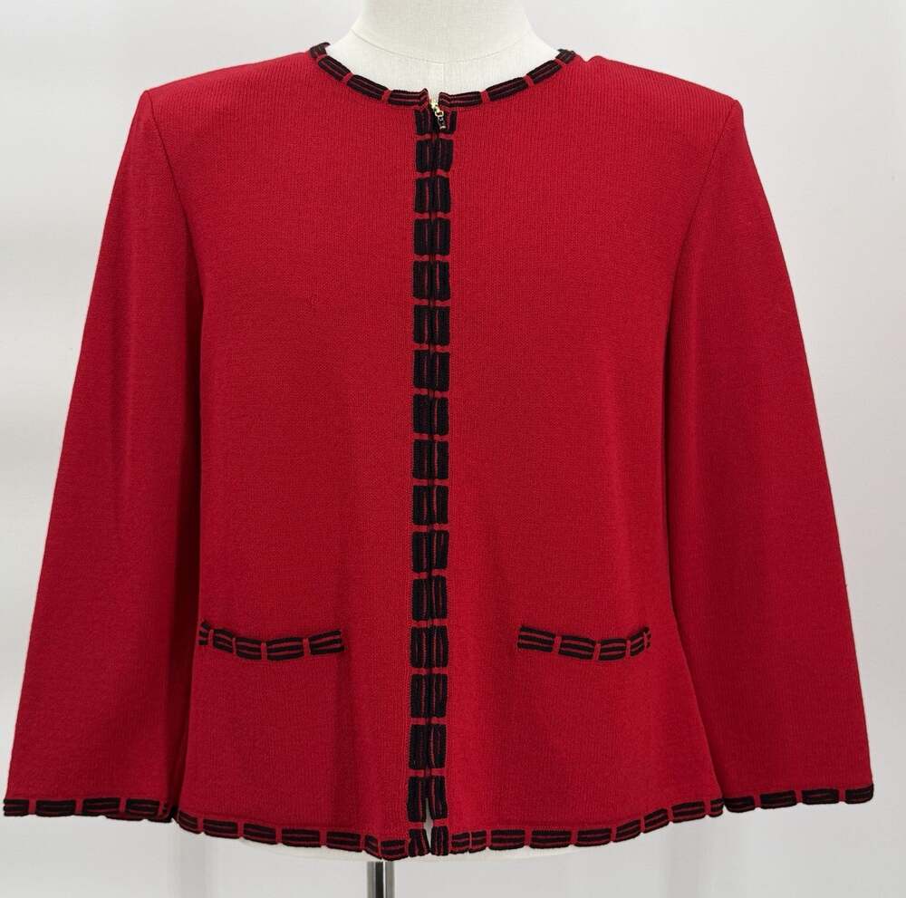 St. John Collection Red Zip Front Santana Knit Jacket Sweater Collarless Size 14